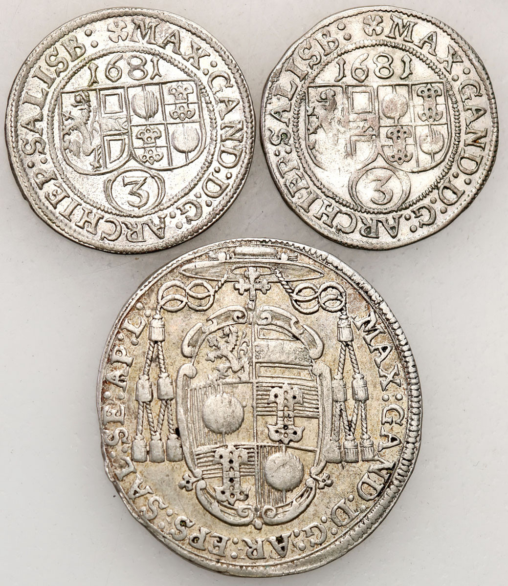 Austria, Salzburg. Jan Ernest graf Thun i Hohenstein (1687-1709). 3 krajcary 2 x 1681, 15 krajcarów 1681 Salzburg, 3 sztuki